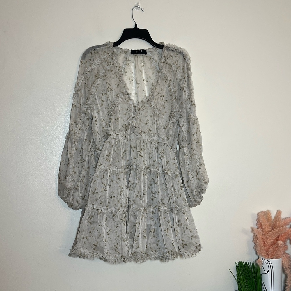 O.P.T Chiffon Floral Ruffle Rhea Long Sleeve Mini Dress Small - Picture 6 of 11